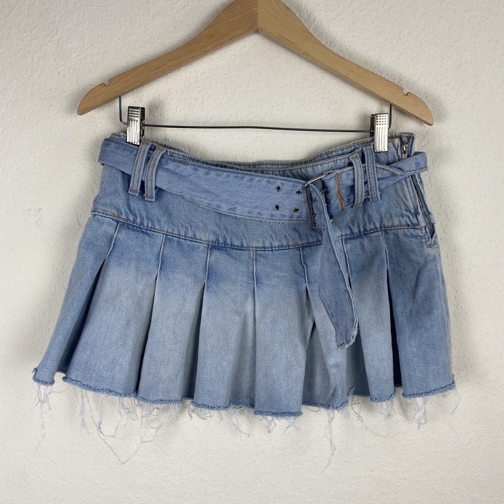 Zara L Pleated Denim Skirt With Double Belt Box Y2k Grunge Festival Blue